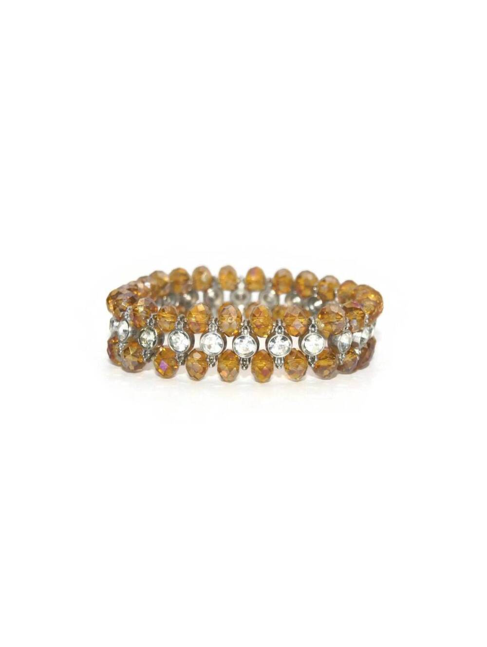 VTG Orange Glass Beads, Rhinestones and Silver Tone Metal Elastic Cuff Bracelet.